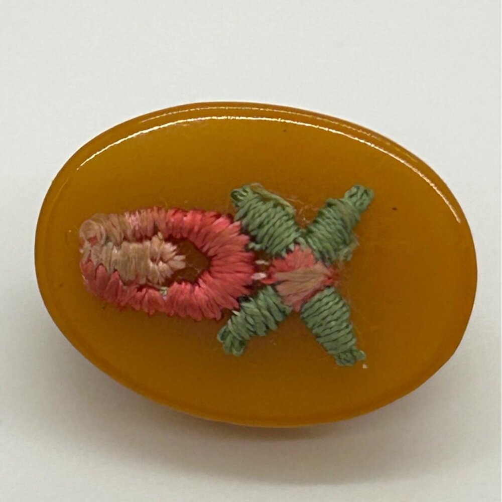 Bakelite Clip-On Earrings  Butterscotch Pink & Green Embroidered Floral Vintage - Picture 9 of 15